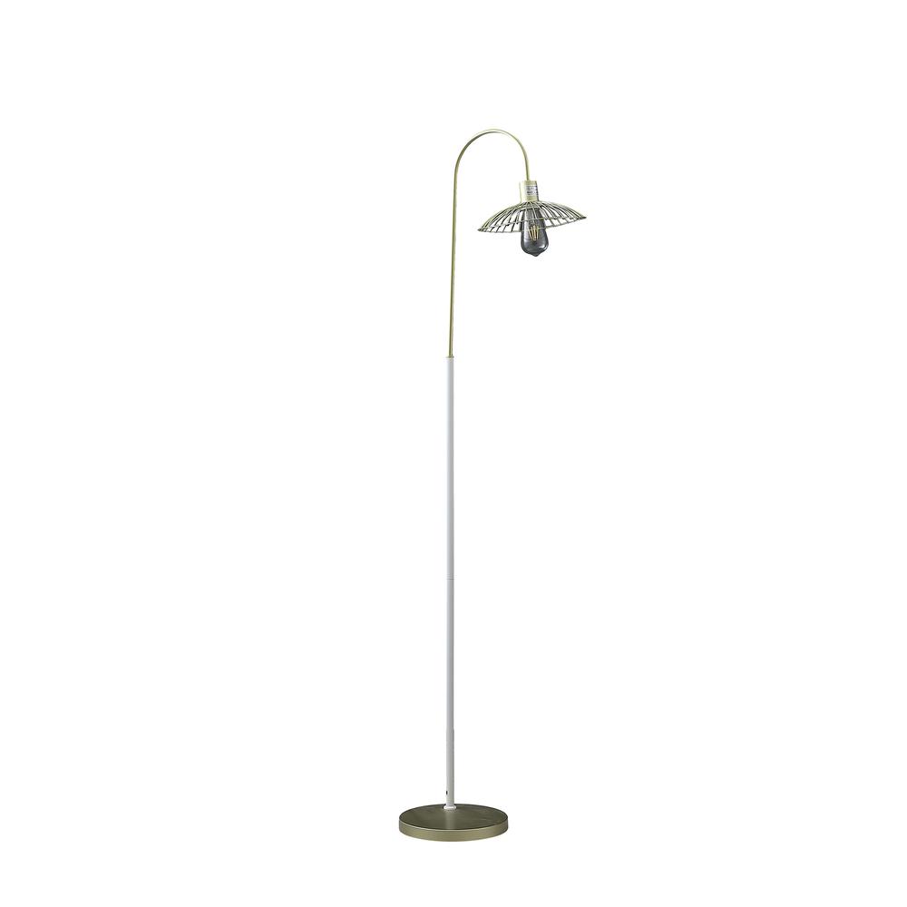 64.25" In Industrial Farm Pendant Cage Satin Matte Gold/White Metal Floor Lamp. Picture 1