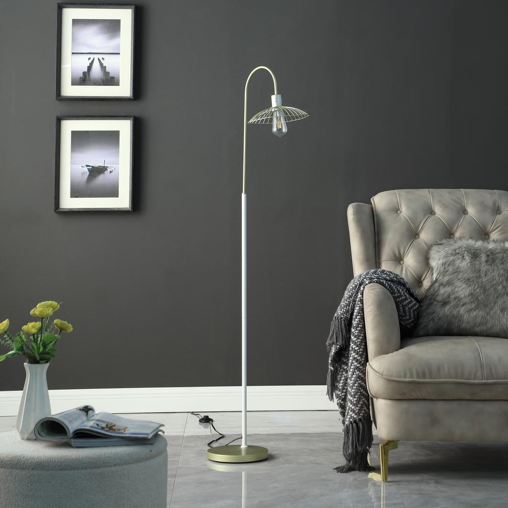 64.25" In Industrial Farm Pendant Cage Satin Matte Gold/White Metal Floor Lamp. Picture 3