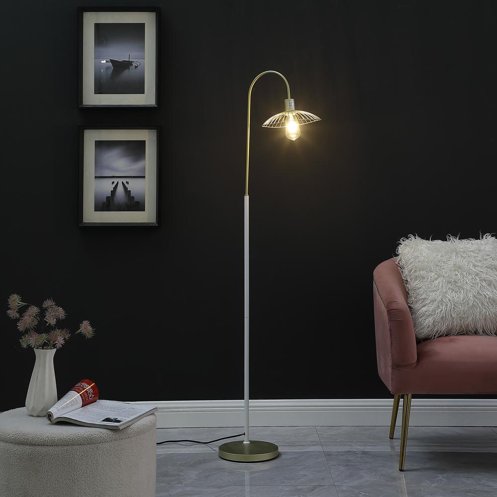 64.25" In Industrial Farm Pendant Cage Satin Matte Gold/White Metal Floor Lamp. Picture 4