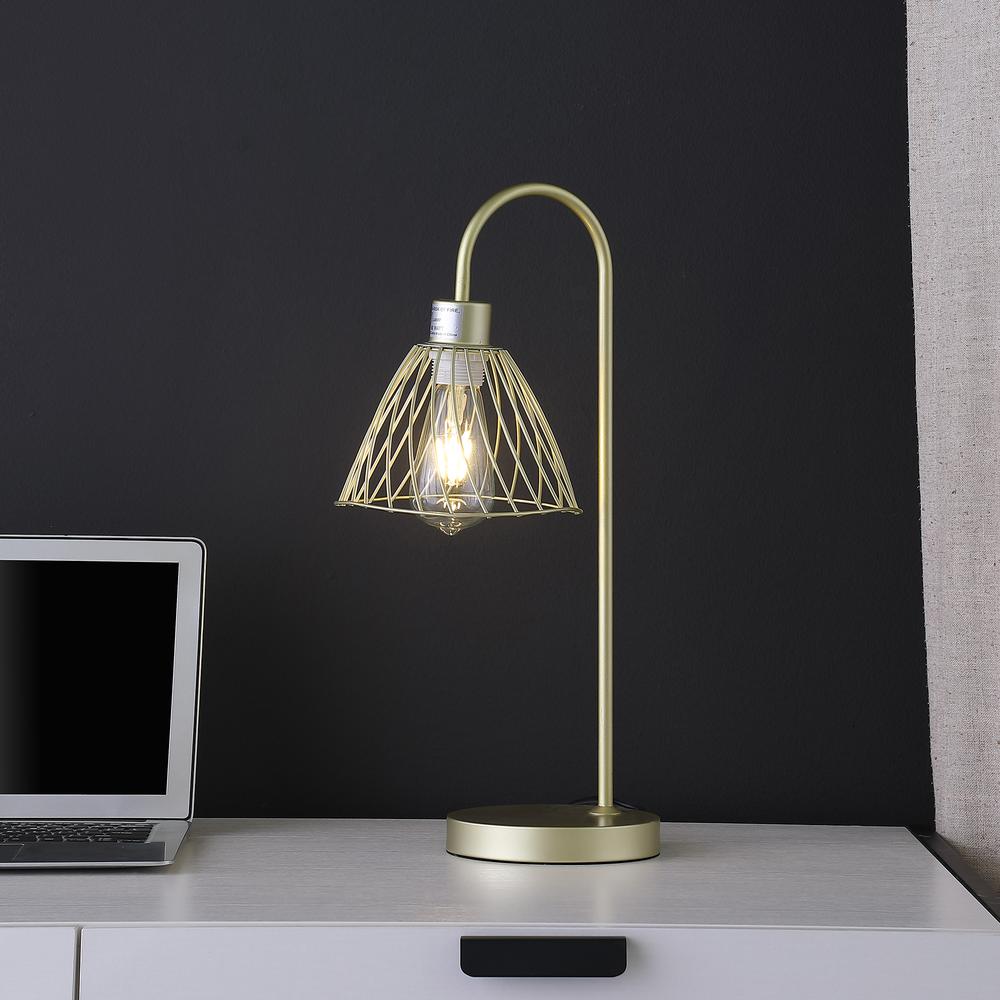 20.5" In Industrial Farm Pendant Cage Satin Matte Gold Metal Table Lamp. Picture 4