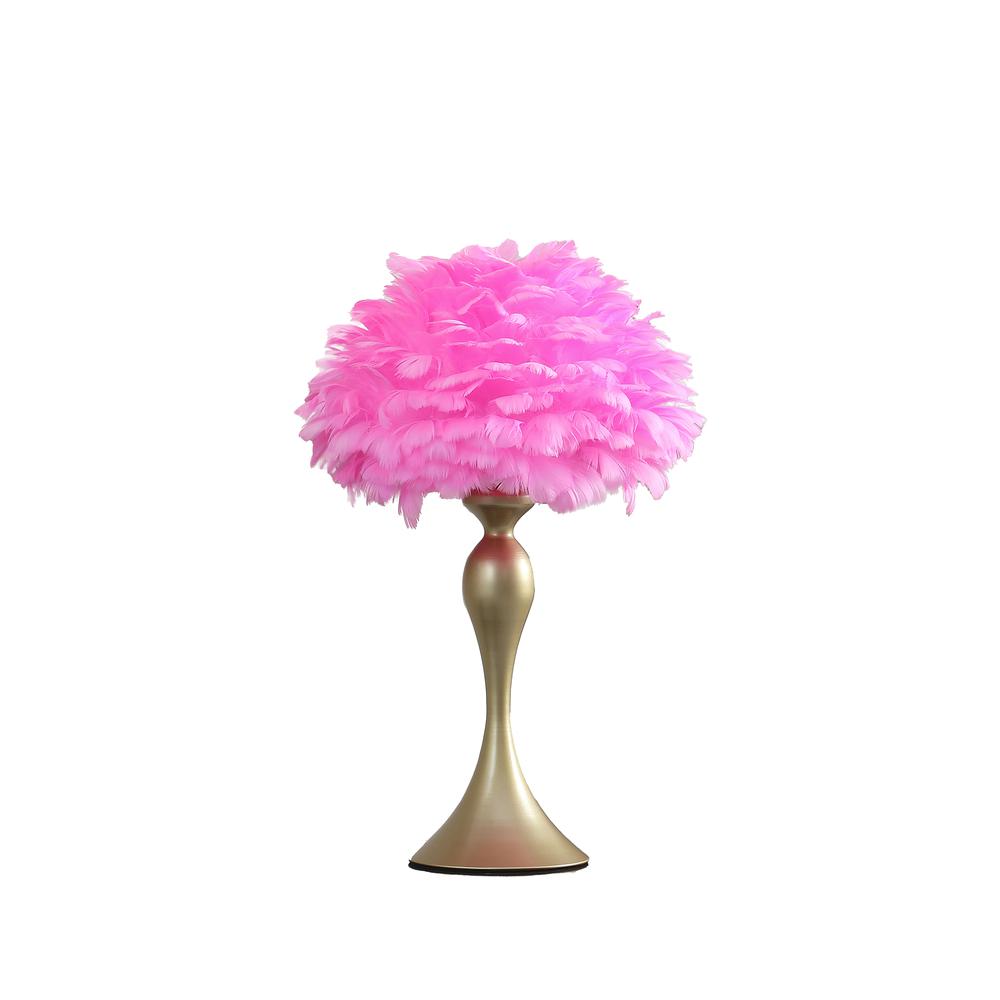18.25"In Hot Pink Feather Aquina Satin Gold Metal Contour Glam Table Lamp. Picture 1