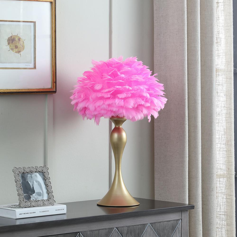 18.25"In Hot Pink Feather Aquina Satin Gold Metal Contour Glam Table Lamp. Picture 3