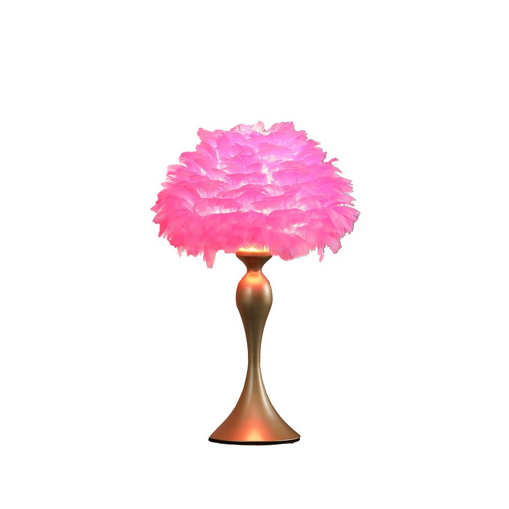 18.25"In Hot Pink Feather Aquina Satin Gold Metal Contour Glam Table Lamp. Picture 2