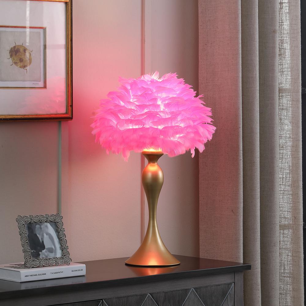 18.25"In Hot Pink Feather Aquina Satin Gold Metal Contour Glam Table Lamp. Picture 4