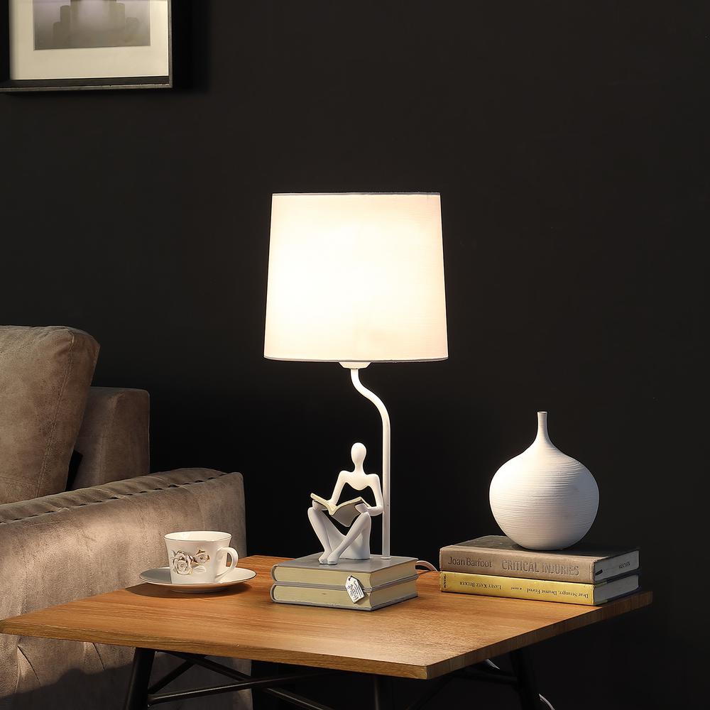 20.5" In Modern Reader White Sitting A Gray Stack Of Books Polyresin Table Lamp. Picture 4