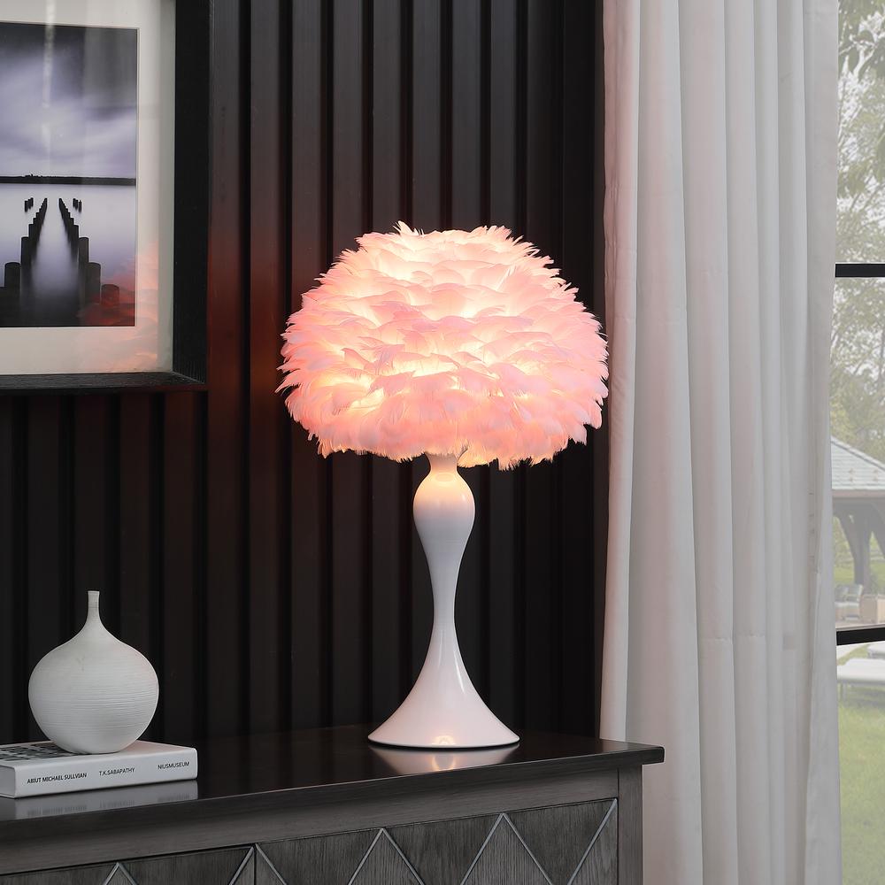 18.25"In Soft Pink Feather Aquina Crisp White Contour Glam Table Lamp. Picture 4
