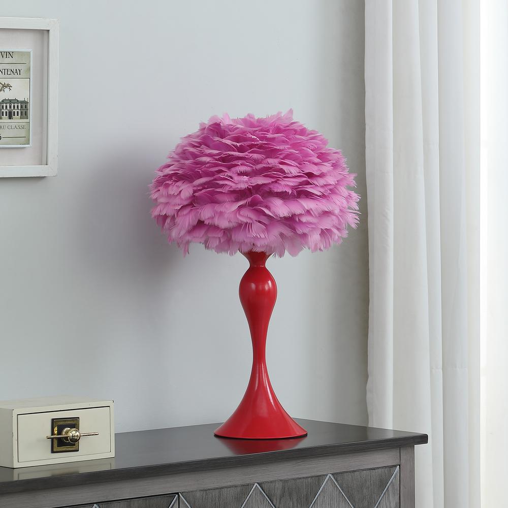 18.25"In Medium Pink Feather Aquina Glaze Red Metal Contour Glam Table Lamp. Picture 3
