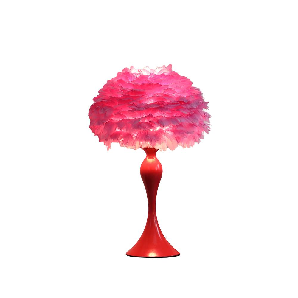 18.25"In Medium Pink Feather Aquina Glaze Red Metal Contour Glam Table Lamp. Picture 2