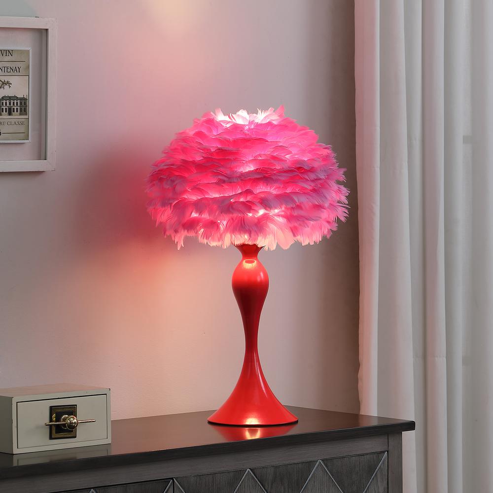 18.25"In Medium Pink Feather Aquina Glaze Red Metal Contour Glam Table Lamp. Picture 4