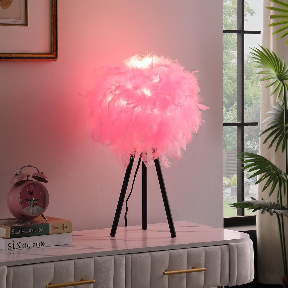 20.5" in HOT PINK FEATHER SHADE TRIPOD MODERN METAL TABLE LAMP. Picture 4
