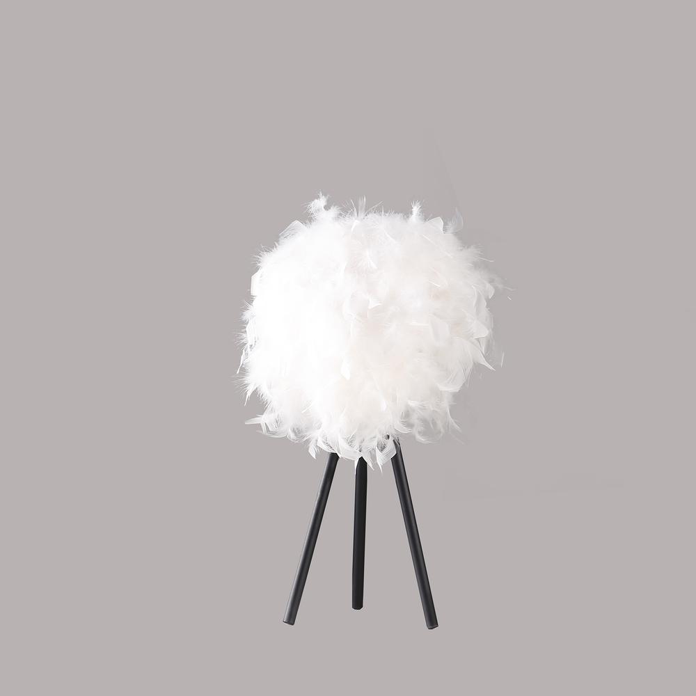 20.5" in PURE WHITE FEATHER SHADE TRIPOD MODERN METAL TABLE LAMP. Picture 2