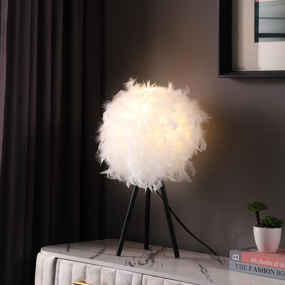 20.5" in PURE WHITE FEATHER SHADE TRIPOD MODERN METAL TABLE LAMP. Picture 3