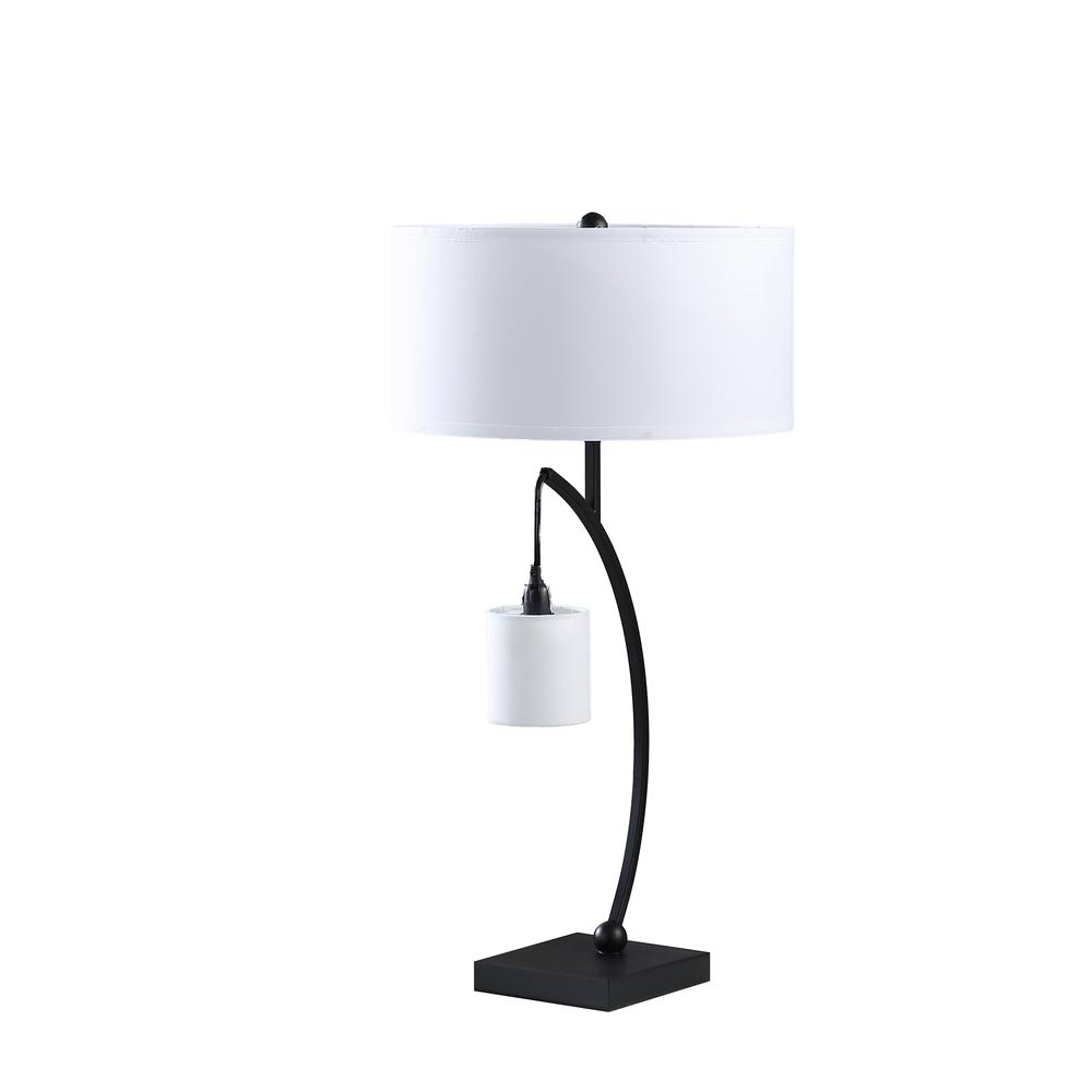 28.5" in CONTEMPORARY DUAL BLACK ARC W/ HANGING PENDELUM LAMP METAL TABLE LAMP. The main picture.
