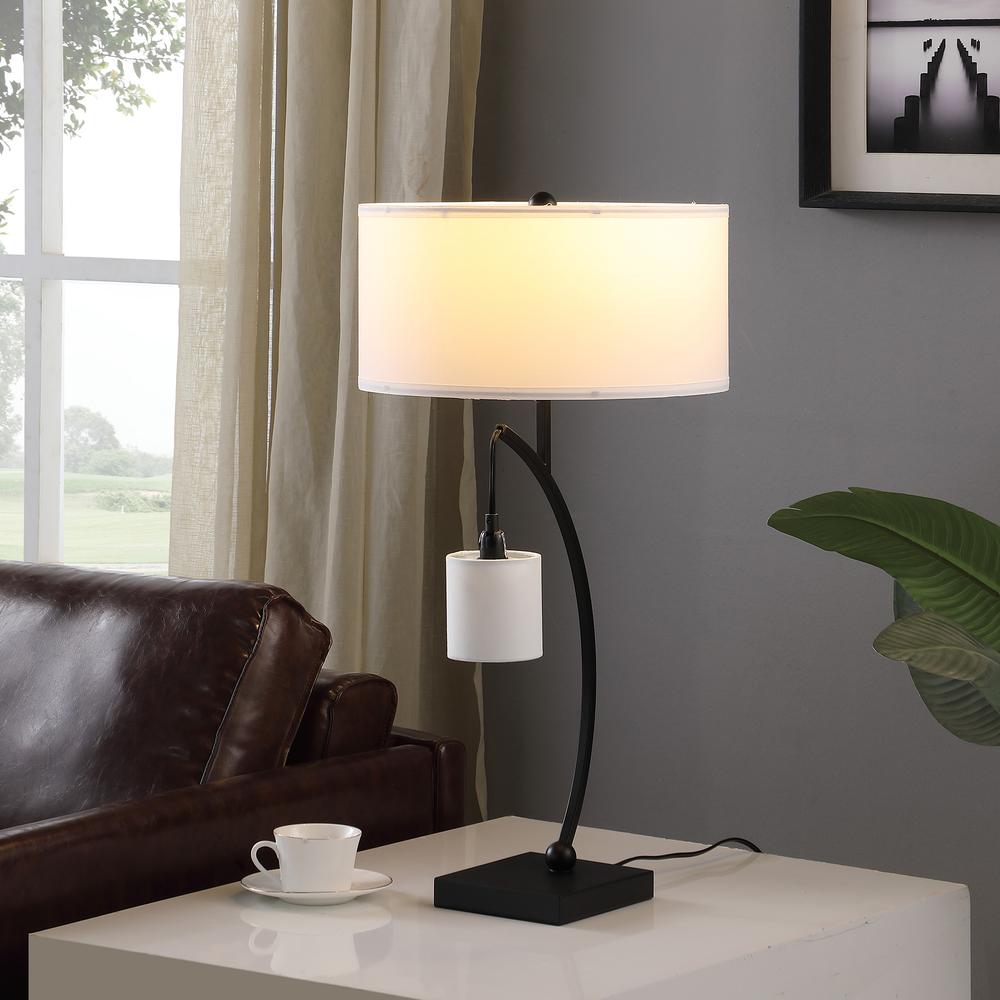 28.5" in CONTEMPORARY DUAL BLACK ARC W/ HANGING PENDELUM LAMP METAL TABLE LAMP. Picture 7