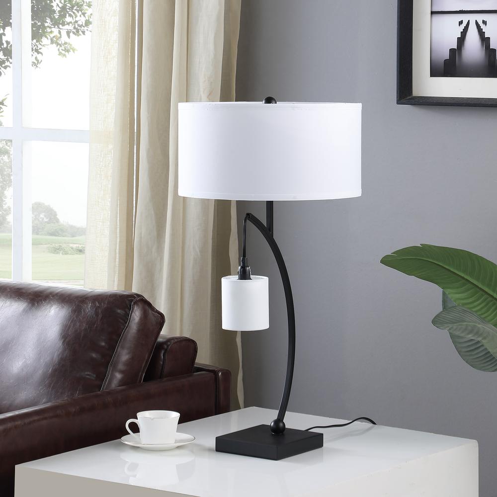 28.5" in CONTEMPORARY DUAL BLACK ARC W/ HANGING PENDELUM LAMP METAL TABLE LAMP. Picture 8
