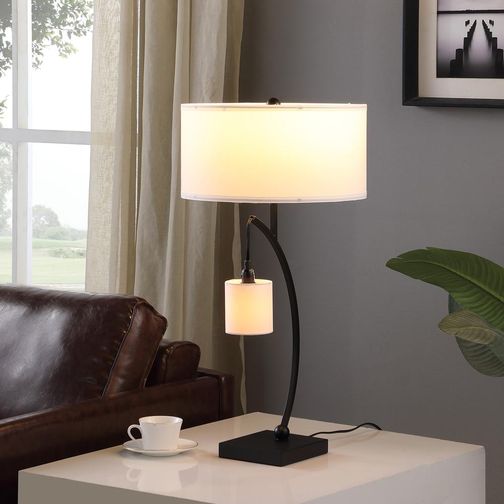 28.5" in CONTEMPORARY DUAL BLACK ARC W/ HANGING PENDELUM LAMP METAL TABLE LAMP. Picture 3
