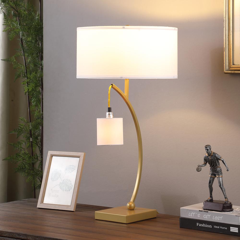 28.5" in CONTEMPORARY DUAL GOLD ARC W/ HANGING PENDELUM LAMP METAL TABLE LAMP. Picture 3