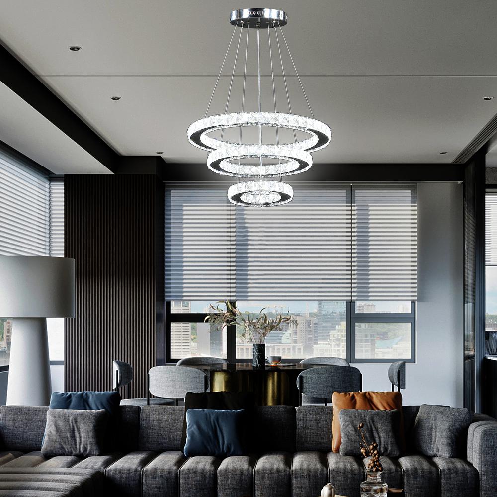 Alva Triple Hoop Modern Crystal Stainless Led Remote Control Dimmer Chandelier. Picture 7