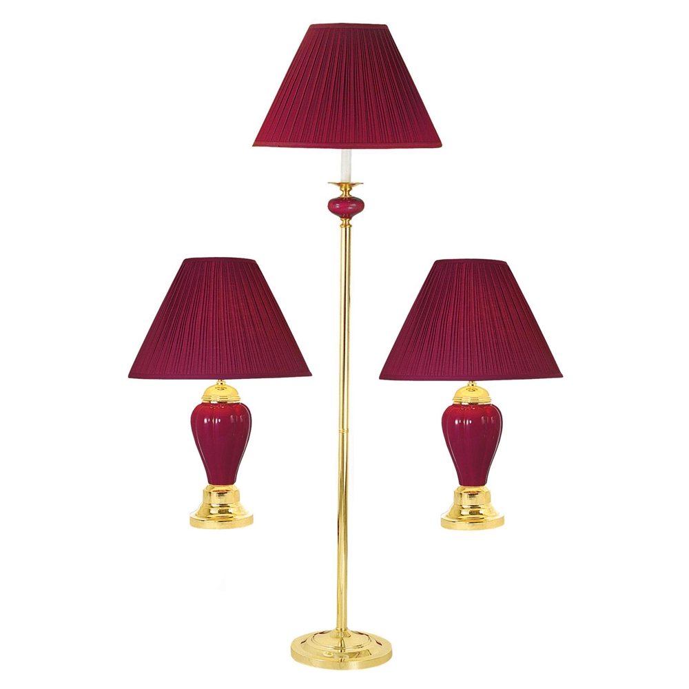 Ceramic/Brass Table And Floor Lamp Set of 3 In Burgundy. Picture 1