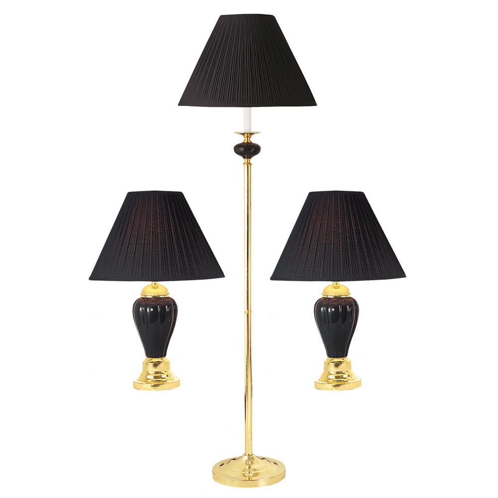 Ceramic/Brass Table And Floor Lamp Set of 3 In Black. Picture 1