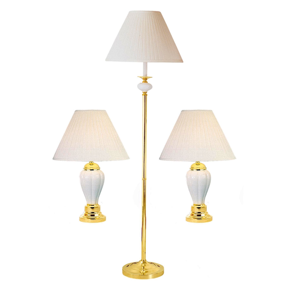 Ceramic/Brass Table And Floor Lamp Set of 3 In Ivory. Picture 1
