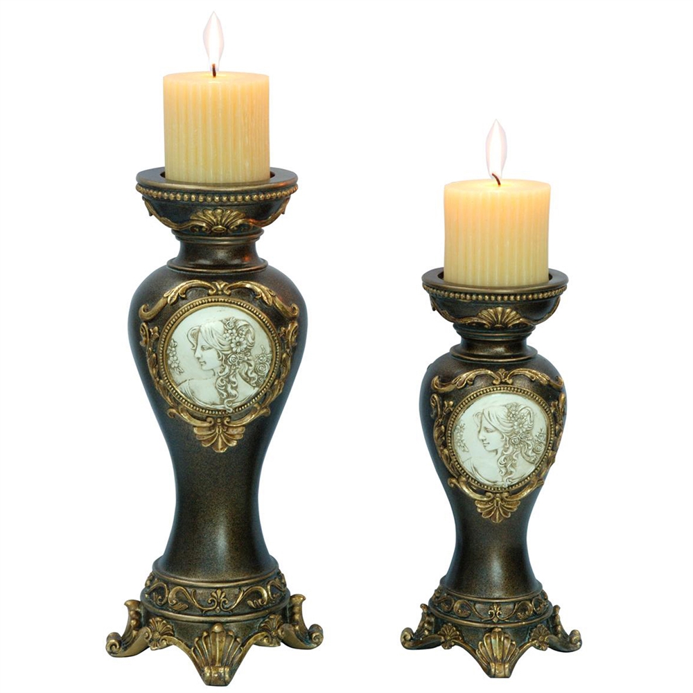 14"/11"H Handcrafted Bronze Decorative Candle Holder, Set of 2. Picture 1