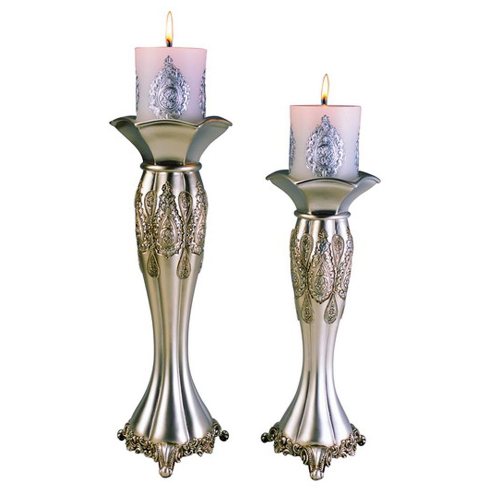 12"/14" Traditional Royal Silver Metalic Candle Holder Set, Set of 2. Picture 1