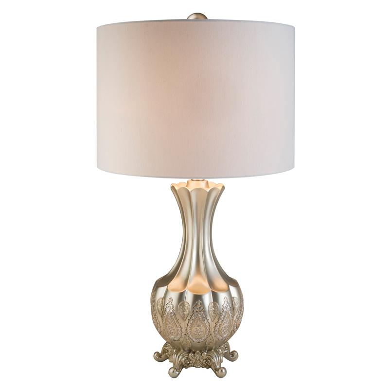 30" in ROYAL SILVER AND METALLIC GOLD PAISLEY TABLE LAMP ON CHIPPENDALE FOOTED LEGS. Picture 1