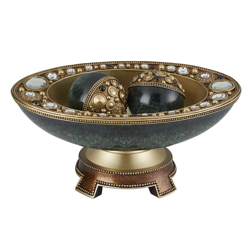 8.25"H Sedona Marbelized Green Gold Footed Décor Bowl W/ Spheres. Picture 1