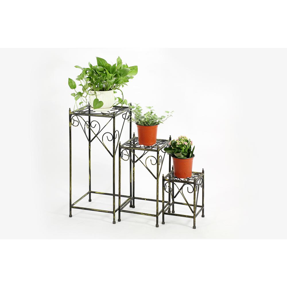 13",20.5",28" SQUARE BLACK/GOLD CAST METAL PLANT STAND SET OF 3. Picture 2