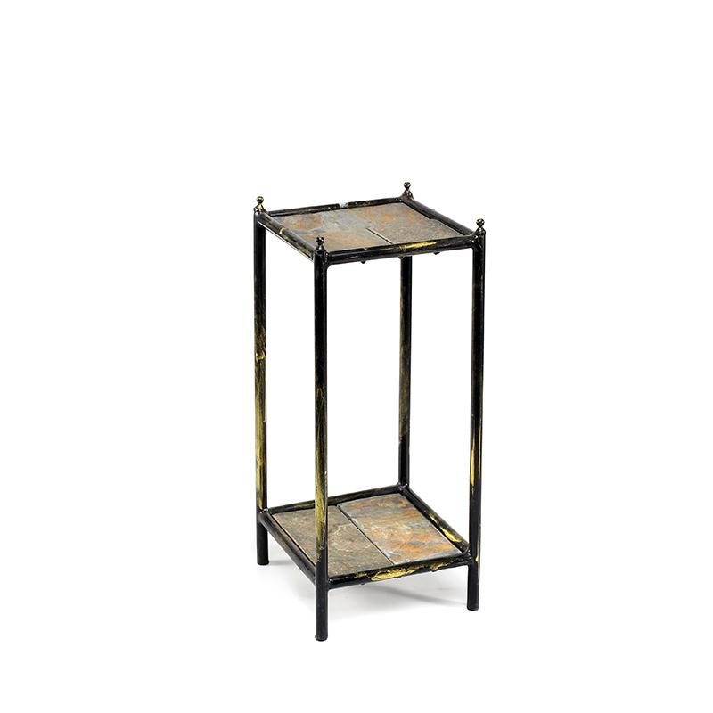 17" GRAY STONE SLAB 2 TIER SMALL SQUARE BLACK/GOLD CAST METAL PLANT STAND. Picture 1