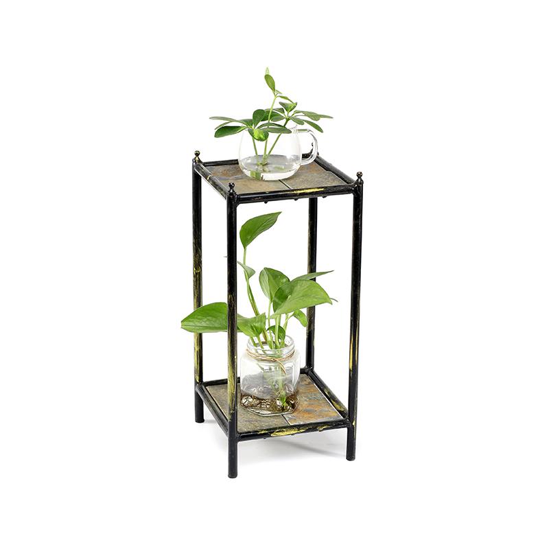 17" GRAY STONE SLAB 2 TIER SMALL SQUARE BLACK/GOLD CAST METAL PLANT STAND. Picture 2