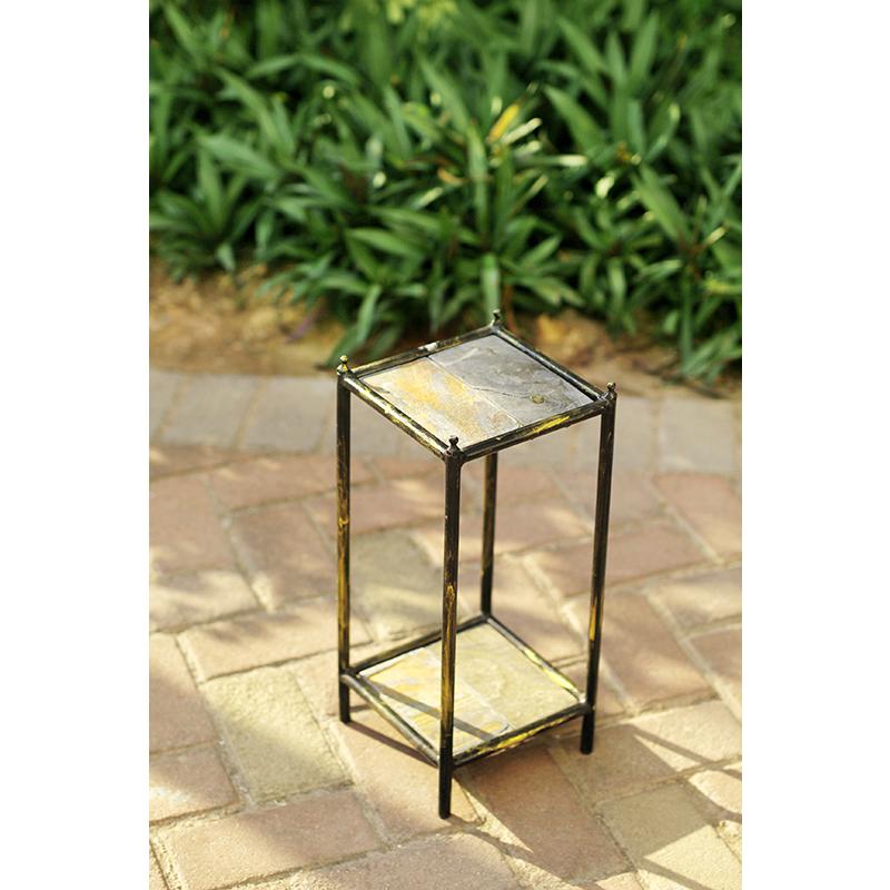 17" GRAY STONE SLAB 2 TIER SMALL SQUARE BLACK/GOLD CAST METAL PLANT STAND. Picture 3