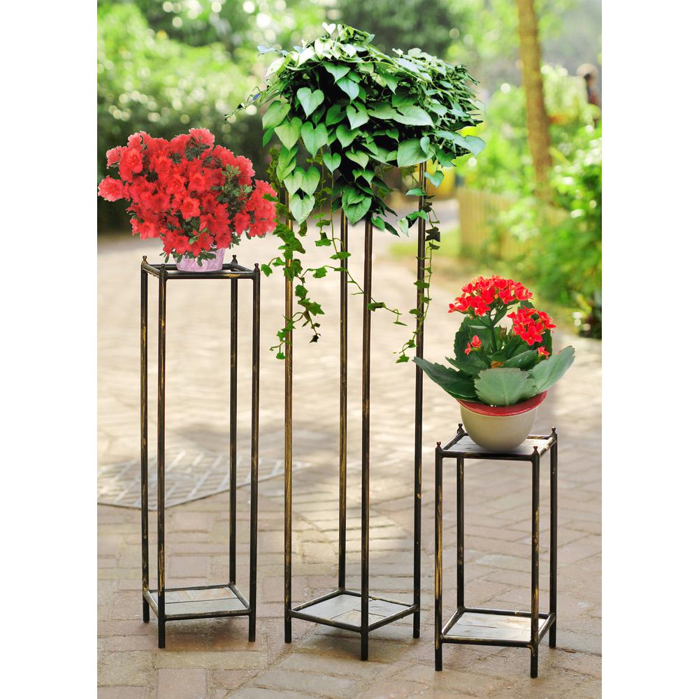 17",28.5",40" Gray Stone Slab Cast-Iron Plant Stands Set Of 3. Picture 3