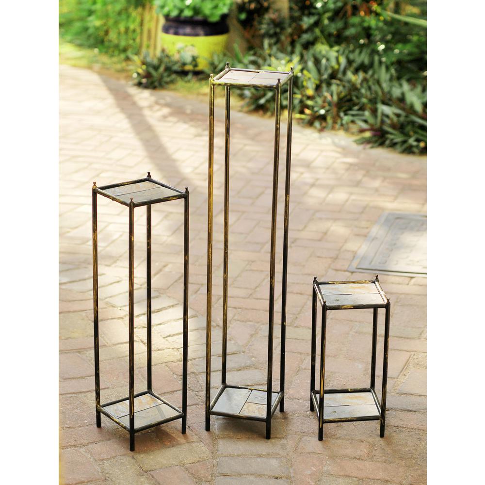 17",28.5",40" Gray Stone Slab Cast-Iron Plant Stands Set Of 3. Picture 2
