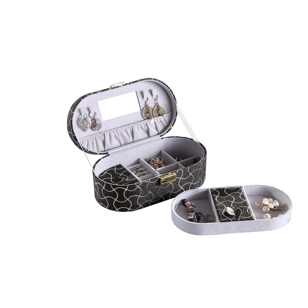 3.5" In Black Leather W/ Gold Swirl Piping Jewelry Case W/ Mirror Travel Case. Picture 2