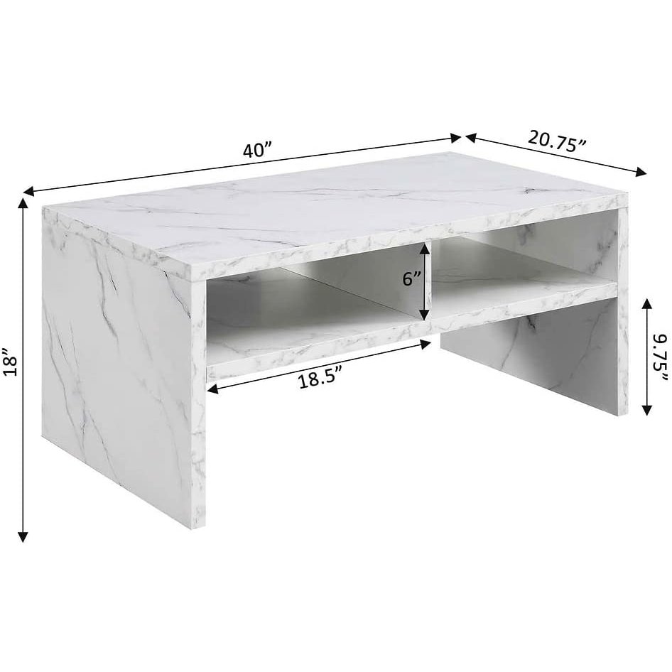 Northfield Admiral Deluxe Coffee Table with Shelves, White Faux Marble. Picture 4