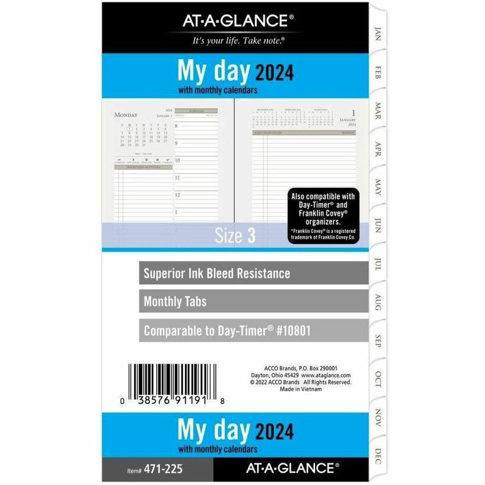 At-A-Glance 2024 Daily Monthly Planner Two Page Per Day Refill, Loose-Leaf, Portable Size - Julian Dates - Daily, Monthly - 1 Year - January 2024 - December 2024 - Hourly - 1 Day Double Page Layout - . Picture 1