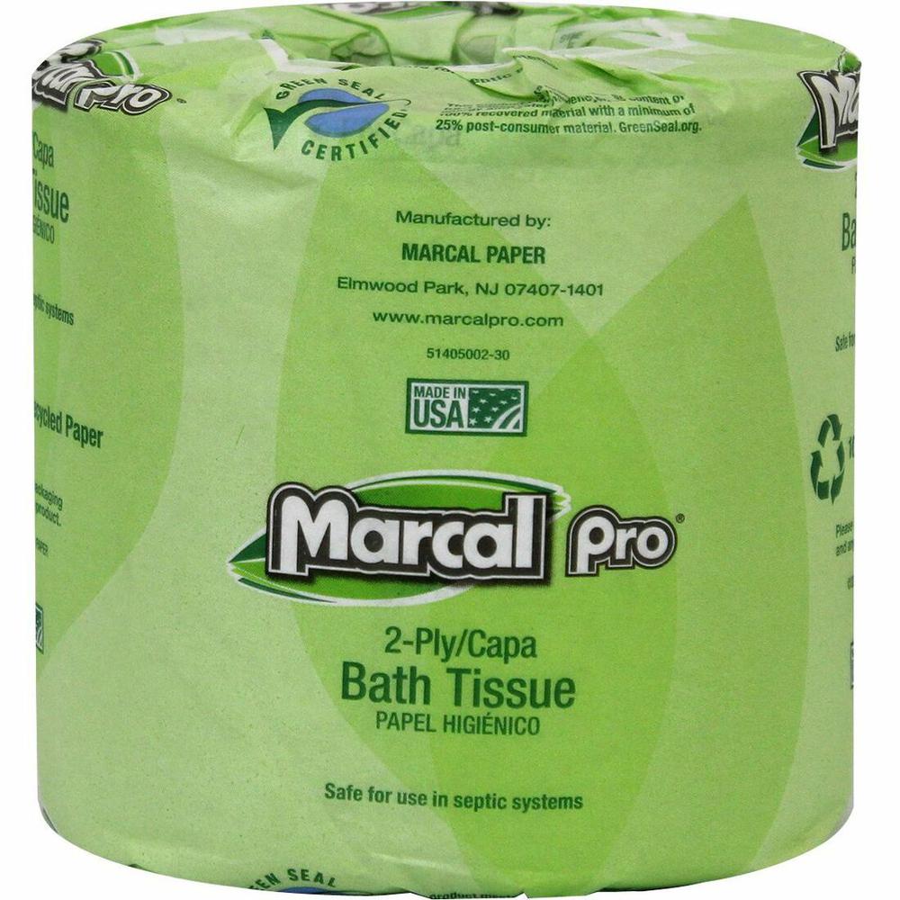 Marcal Pro 100% Recycled Bathroom Tissue - 2 Ply - 4" x 4" - 240 Sheets/Roll - White - 48 / Carton. Picture 1
