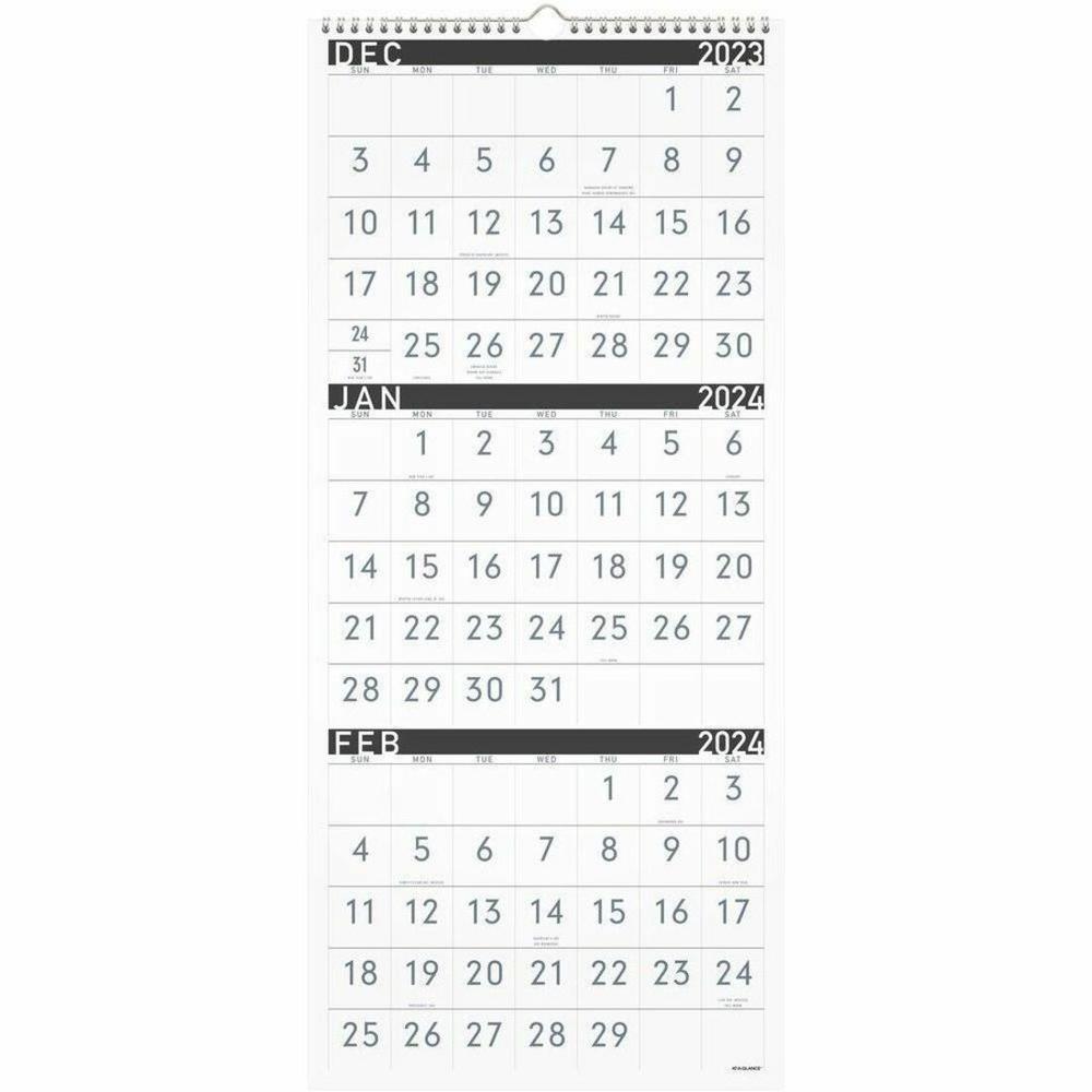 At-A-Glance Contemporary 3-Month Reference Wall Calendar - Large Size - Monthly - 15 Month - December 2023 - February 2025 - 3 Month Single Page Layout - 12" x 27" White Sheet - Wire Bound - Chipboard. Picture 1