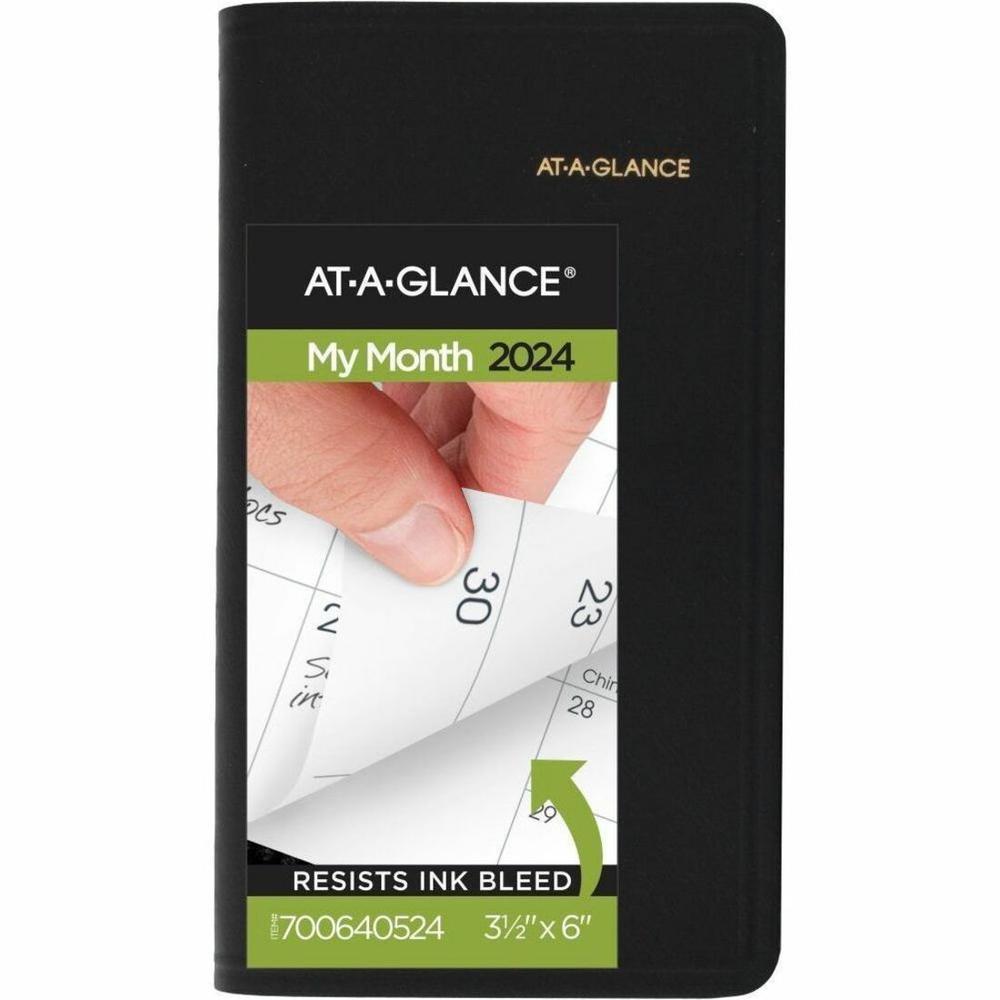 At-A-Glance 2024 Monthly Planner, Black, Pocket, 3 1/2" x 6" - Monthly - 13 Month - January 2024 - January - 1 Month Double Page Layout - 3 1/2" x 6 1/8" Sheet Size - Black - Simulated Leather, Faux L. Picture 1