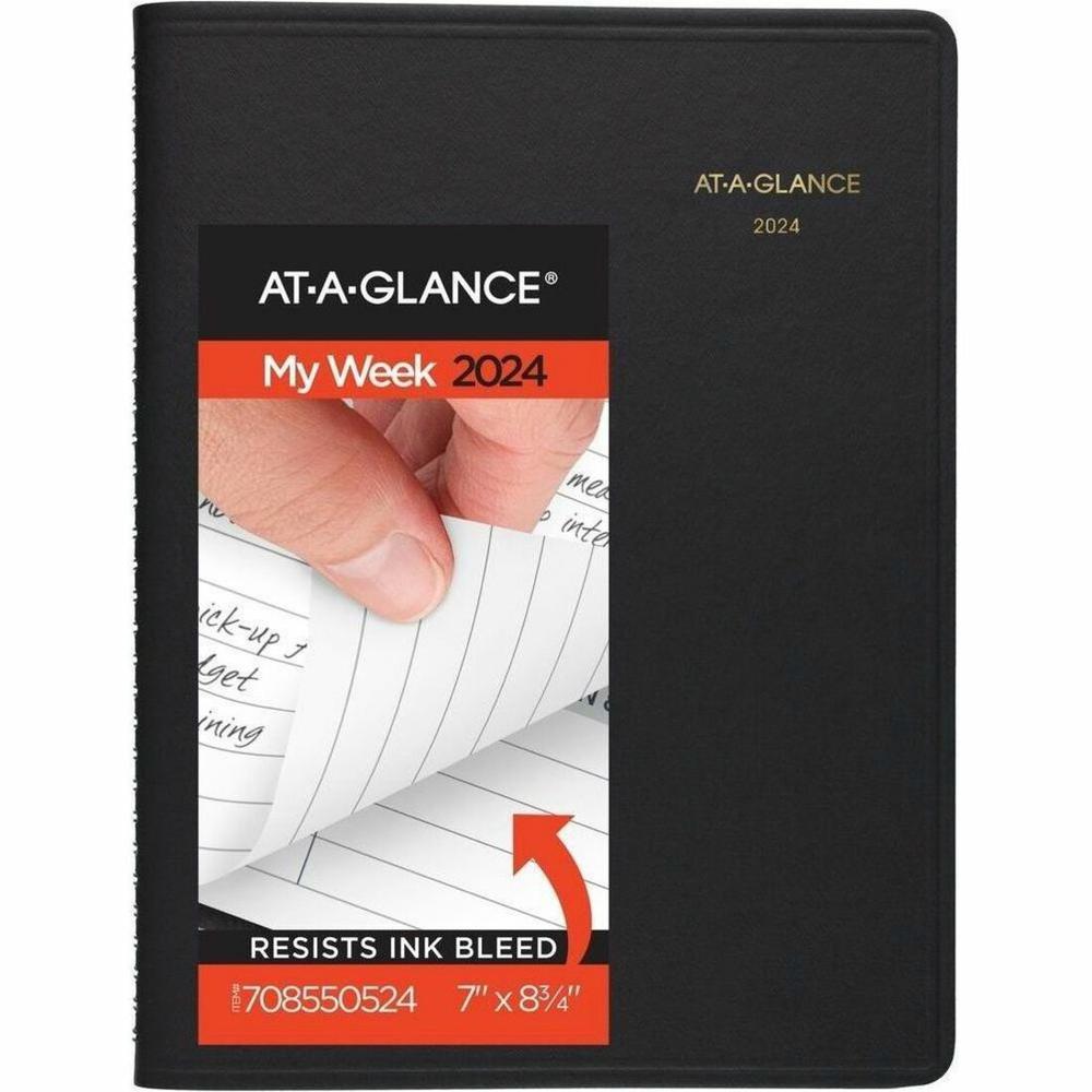 At-A-Glance Open Scheduling Planner - Medium Size - Julian Dates - Weekly - 1 Year - January 2024 - December 2024 - 1 Week Double Page Layout - 6 3/4" x 8 3/4" White Sheet - Wire Bound - Black - Faux . Picture 1