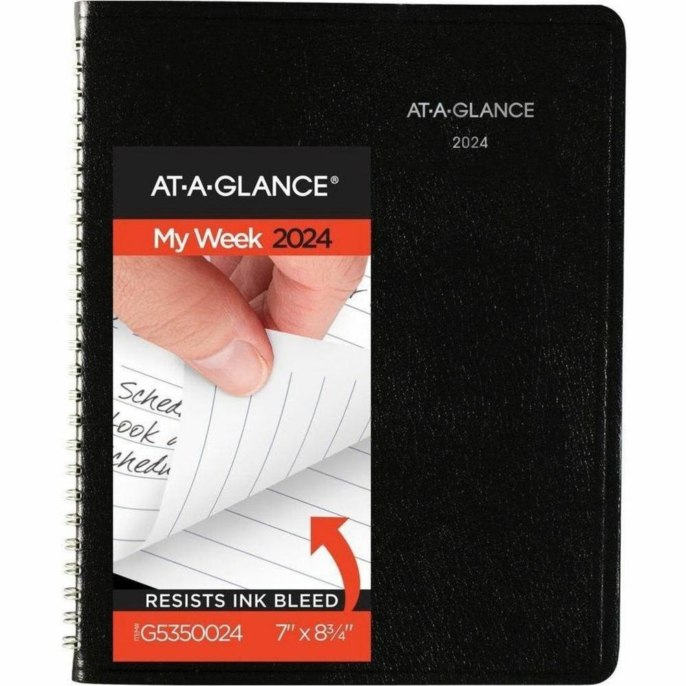 At-A-Glance DayMinder Block StylePlanner - Medium Size - Julian Dates - Weekly - 12 Month - January 2024 - December 2024 - 1 Week Double Page Layout - 6 7/8" x 8 3/4" White Sheet - Wire Bound - Black . Picture 1