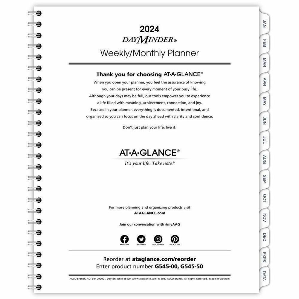 At-A-Glance DayMinder Executive Refill for G545 - Medium Size - Julian Dates - Weekly, Monthly - 12 Month - January 2024 - December 2024 - 1 Week Double Page Layout - 7" x 8 3/4" White Sheet - Wire Bo. Picture 1