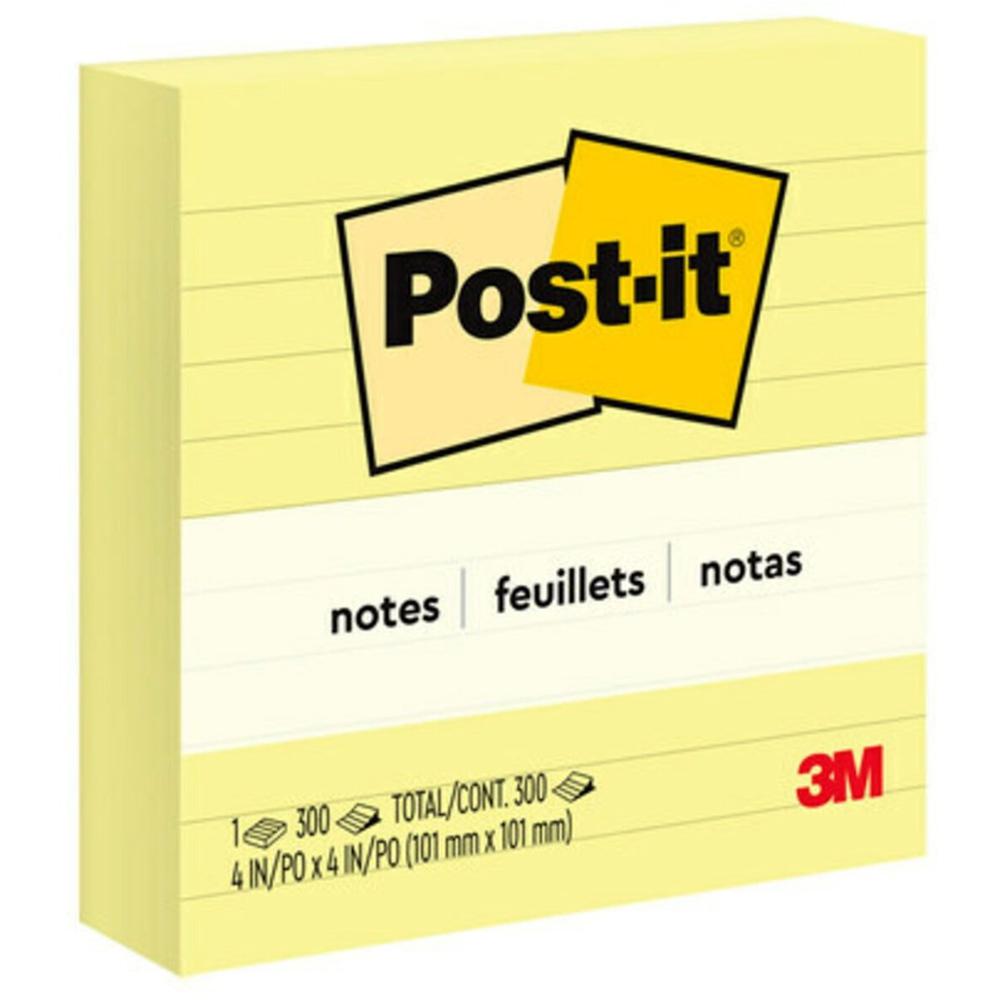 Post-it&reg; Lined Notes - 300 - 4" x 4" - Square - 300 Sheets per Pad - Ruled - Canary Yellow - Paper - Recyclable - 300 / Pad. Picture 1