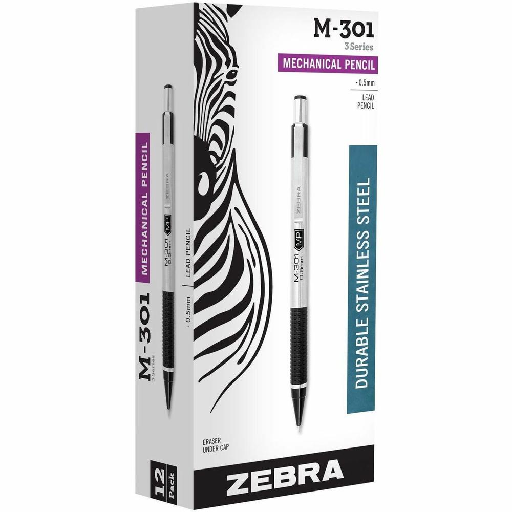 Zebra STEEL 3 Series M-301 Mechanical Pencil - 0.5 mm Lead Diameter - Refillable - Black Stainless Steel Barrel - 1 Dozen. Picture 1