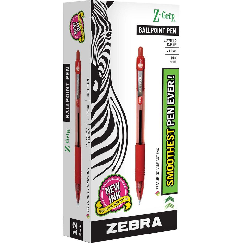 Zebra Z-Grip Retractable Ballpoint Pens - Medium Pen Point - 1 mm Pen Point Size - Retractable - Red - Clear, Red Barrel - 12 / Dozen. Picture 1