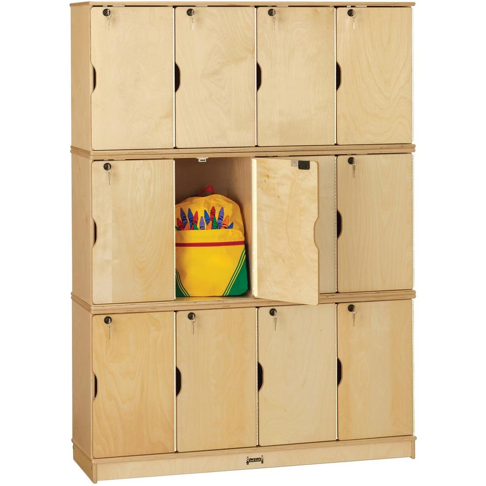 Jonti-Craft Triple Stack Children's Stacking Lockers - 48.5" x 15" x 67" - Stackable, Lockable, Sturdy, Key Lock, Kick Plate - Wood Grain - Baltic Birch Plywood. Picture 1