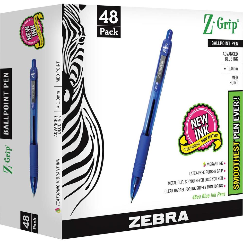 Zebra Z-Grip Retractable Ballpoint Pens - Medium Pen Point - 1 mm Pen Point Size - Retractable - Blue - Clear Plastic Barrel - 48 / Pack. Picture 1