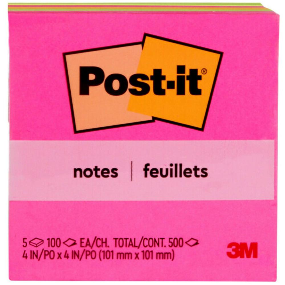 Post-it&reg; Notes - Poptimistic Color Collection - 4" x 4" - Square - 100 Sheets per Pad - Fuchsia, Neon Green, Neon Orange - Repositionable, Self-adhesive - 5 / Pack. Picture 1